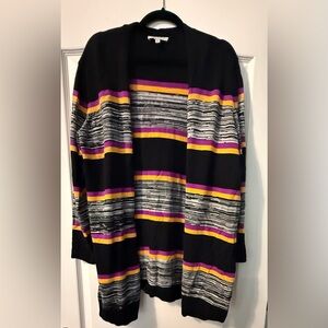 Chaus Black and Gray Cardigan with Purple and Yellow Stripe Accents